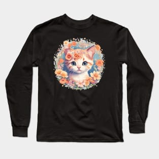 Cute cat with flowers circle Long Sleeve T-Shirt